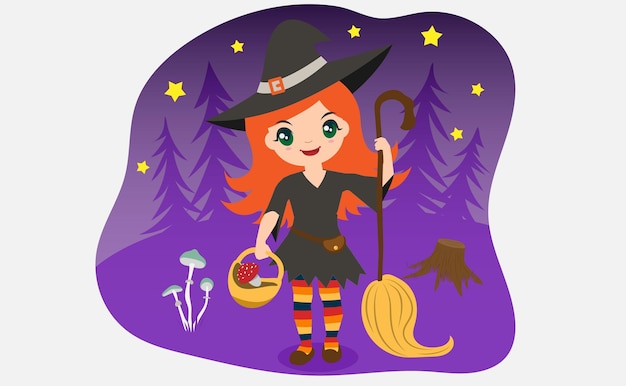 Vector illustration of young funny witch gathers mushrooms in the woods