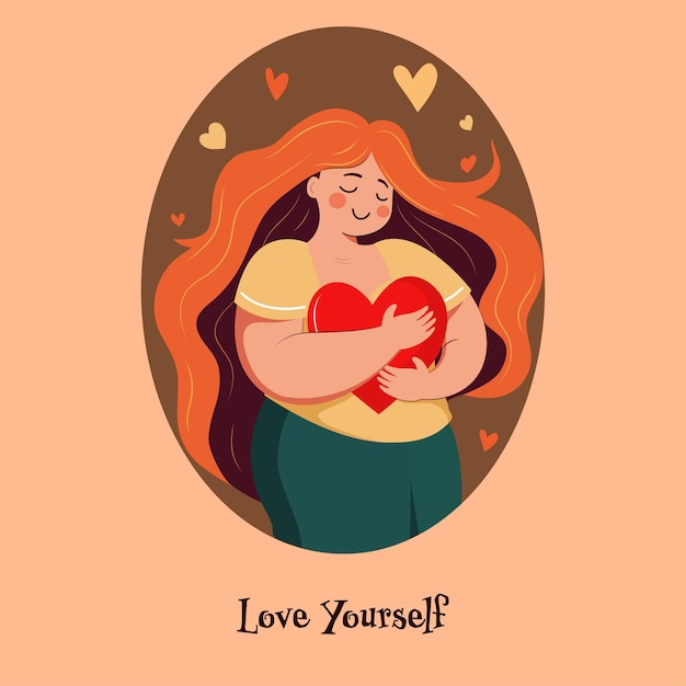 Vector Illustration of Young Girl Character Hugging A Red Heart On Orange And Brown Background For Love Yourself