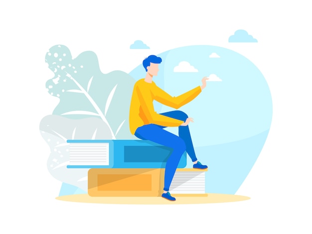 Vector Illustration Young Man Book Lover Sitting on Books.