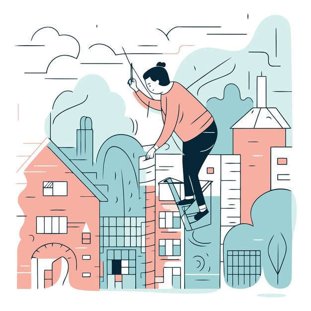 Vector illustration of a young man climbing on the roof of a building