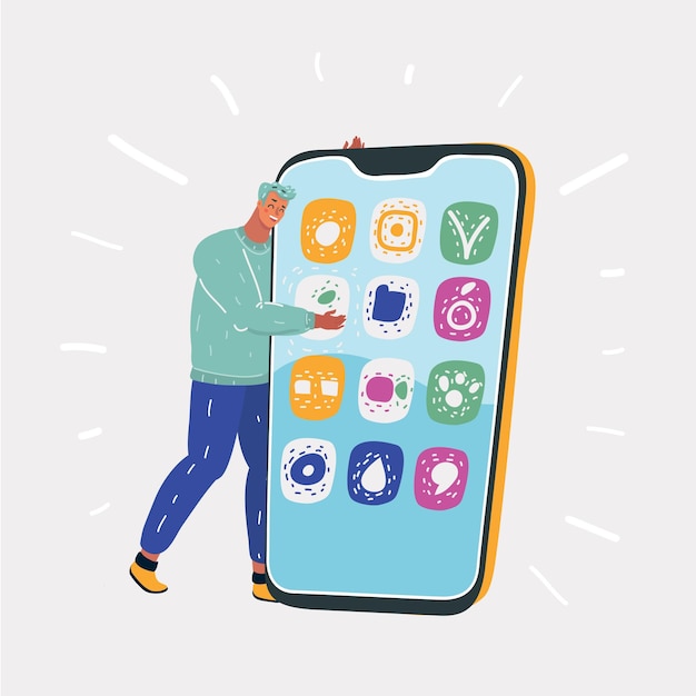 Vector illustration of Young man hug his big smartphone Male character