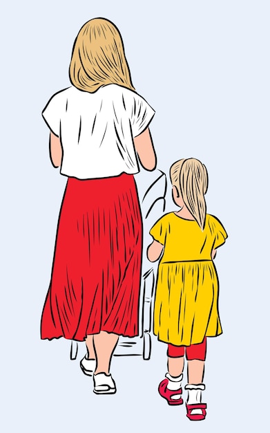 Vector illustration of young mother with her kids strolling together on summer day