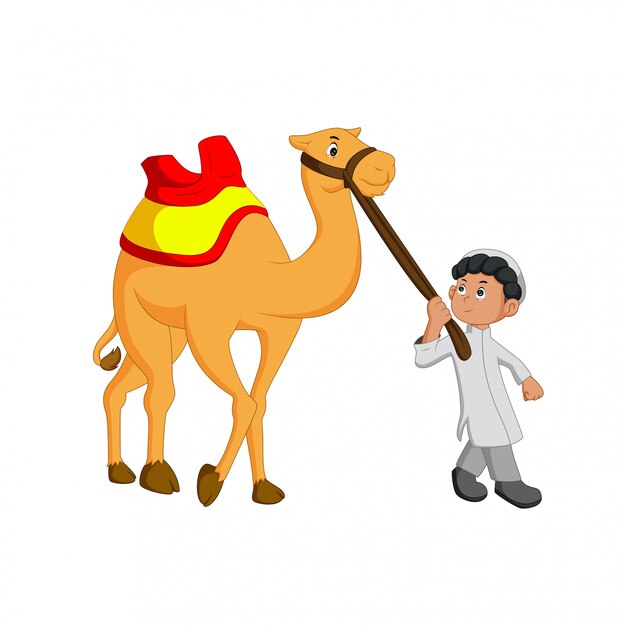 Vector vector illustration of young people guiding camels