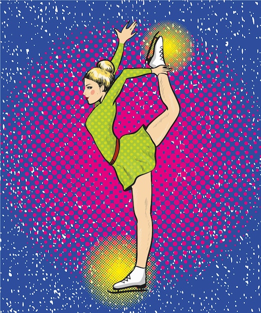 Vector vector illustration of young woman figure skater in retro pop art style winter sports concept