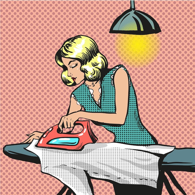 Vector vector illustration of young woman ironing clothes housewife in retro pop art comic style