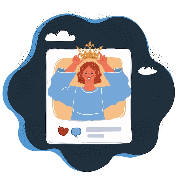 Vector vector illustration of young woman putting crown of happiness on head and smiling concept social media profile