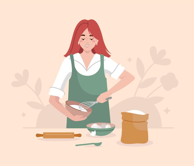 Vector vector illustration of young woman who is cooking