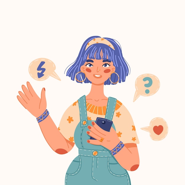 Vector illustration of a young woman with blue hair dressed in denim overalls with a smartphone in her hand in cartoon style