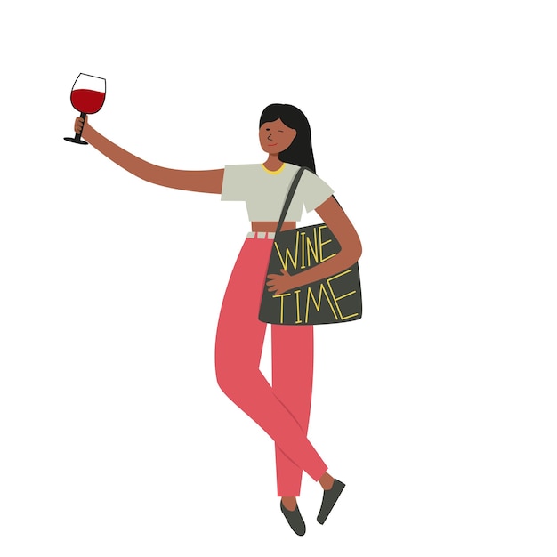 Vector illustration of a young woman with a glass of wine funny lettering WINE TIME cartoon girl wine lover