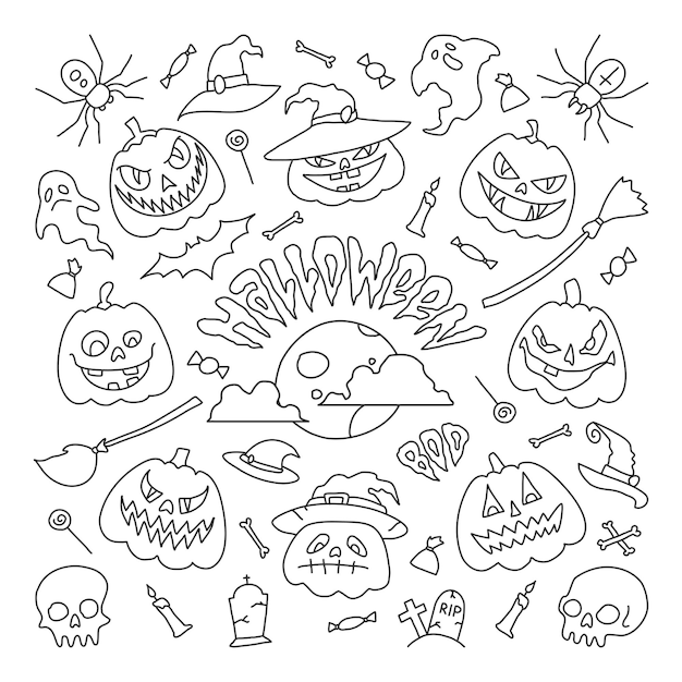 Vector illustrationoutline drawings halloween party elements Set of icons in cartoon style