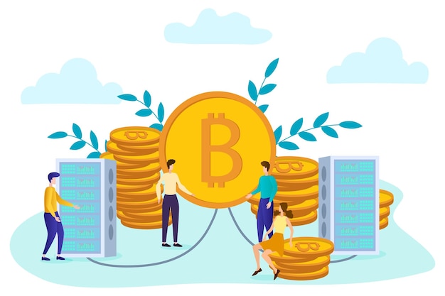 Vector illustrationPeople mine bitcoinsConcept of cryptocurrency mining