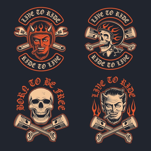 Vector illustrations of a biker devil with a cigar, bikerÃÂ¢ÃÂÃÂs patch, and biker skull in the helmet. The design is perfect for logos, apparel designs, and many other uses.