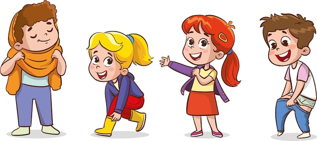 vector illustrations of children wearing clothes children changing dresses and trousers