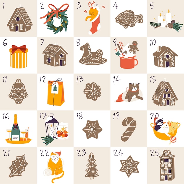 Vector illustrations for Christmas advent calendar with seasons greetings elements gingerbread cookies gifts pine socks hot drinks kitty