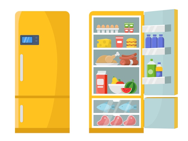 Vector illustrations of empty and closed refrigerator with different healthy food