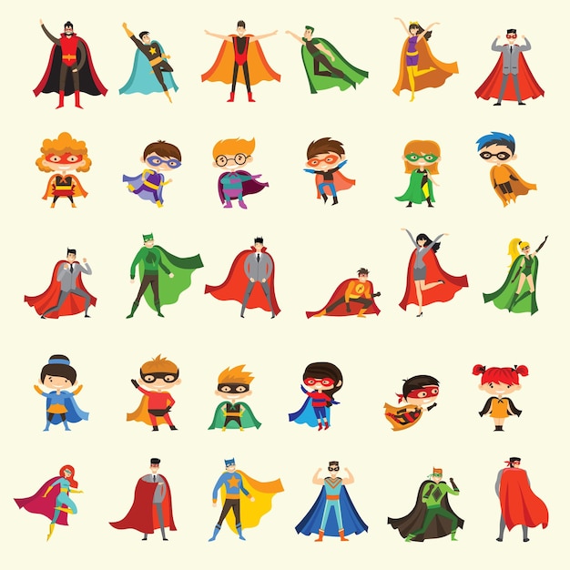 Vector illustrations of female and male kids superheroes in funny comics costume