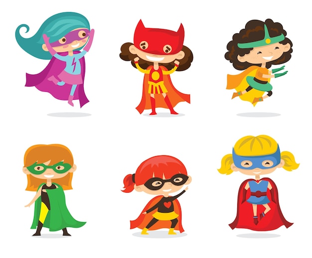 Vector illustrations in flat design of boy and girl children superheroes in funny comics costume