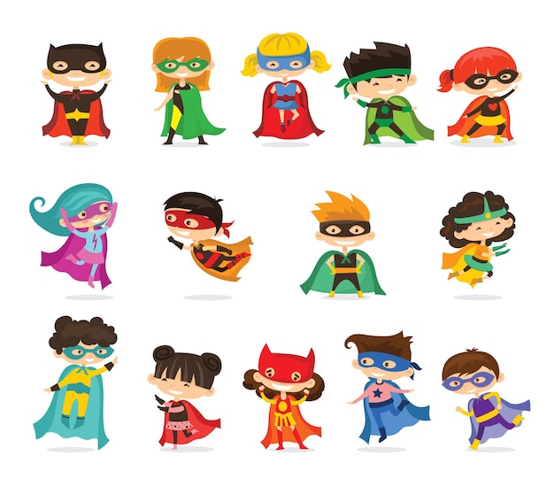 Vector illustrations in flat design of female and male kids superheroes