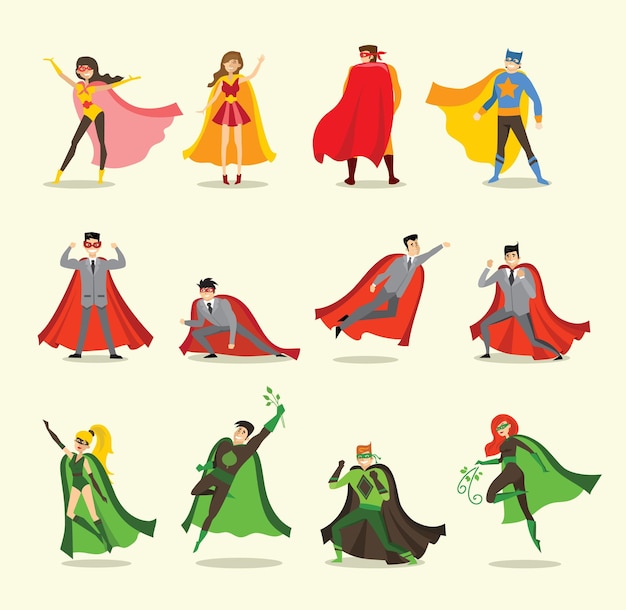 Vector vector illustrations in flat design of set of business  eco and classic superheroes