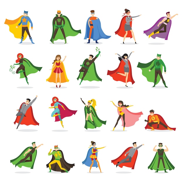 Vector illustrations in flat design of set of business  eco and classic Superheroes