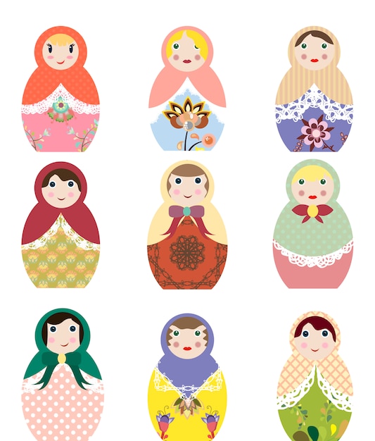 vector illustrations of russian dolls set of clip art