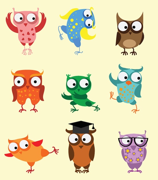 Vector illustrations set of cute different owl birds in the simple style