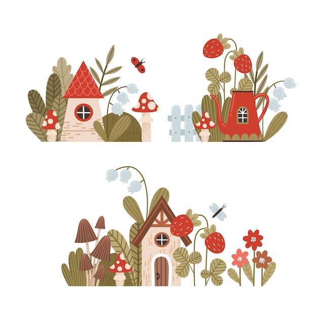 Vector illustrations set of forest plants magic houses flowers and fairy tale characters