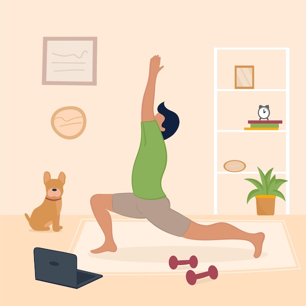 Vector illustrtion man doing yoga in her apartment with dog