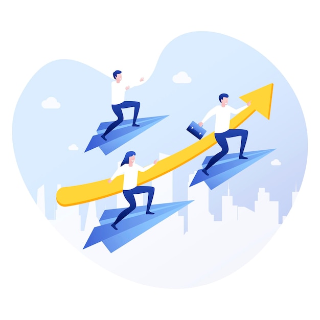 Vector image on a blue background business concept a group of people stands on large paper planes and flies forward people succeed and go towards the goal