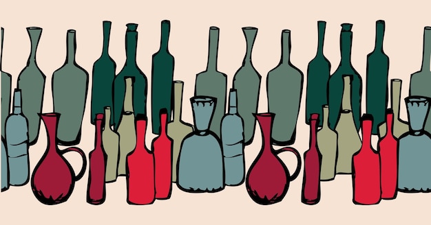 Vector image of border from various drawn colorful wine bottles