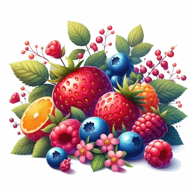 Vector image of a bunch of blueberries next to other fruits