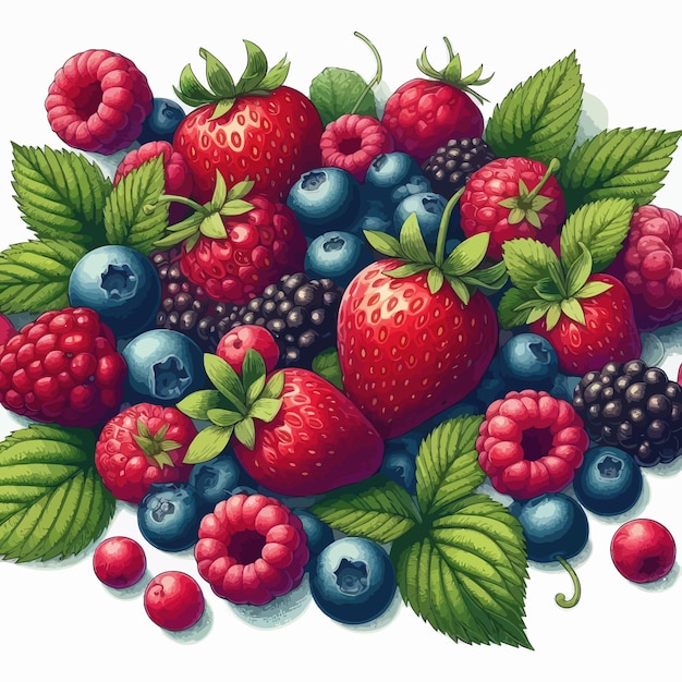 Vector image of a bunch of blueberries next to other fruits