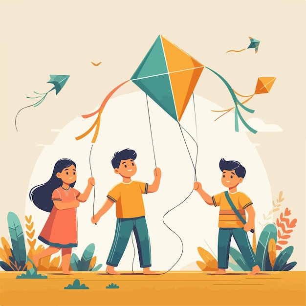 vector image of children playing kites