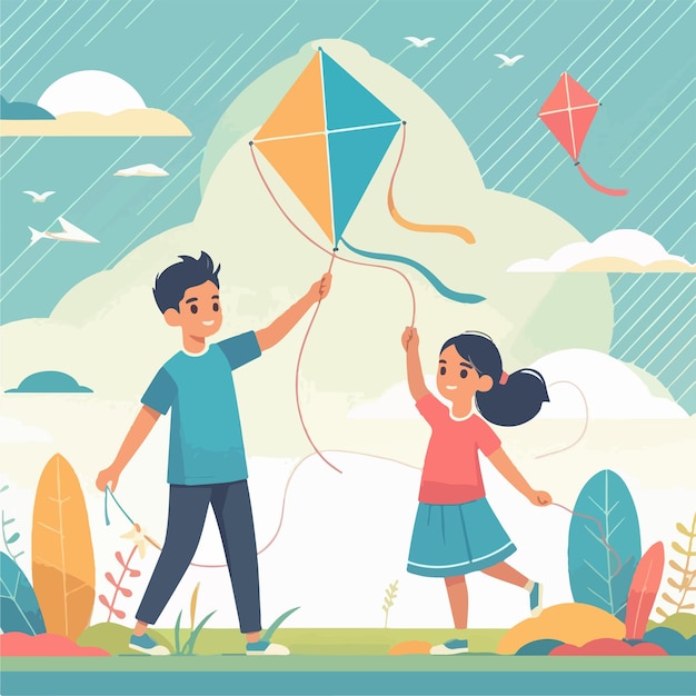 vector image of children playing kites