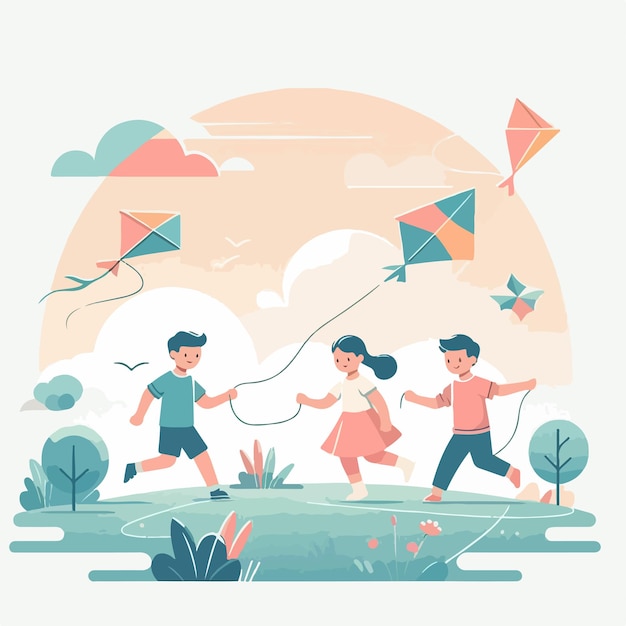 vector image of children playing kites