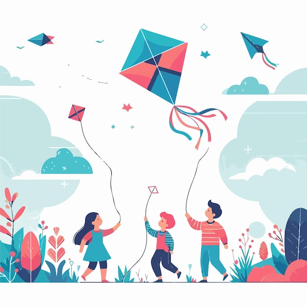 vector image of children playing kites