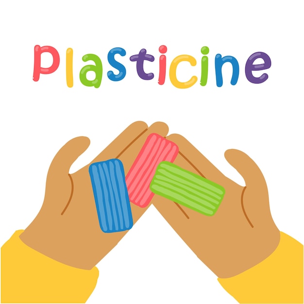 Vector image. Children's hands hold colored plasticine. Modeling from colored clay, preschooler.