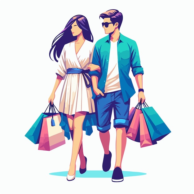 Vector image of a couple who are finished shopping and carrying their grocery bags