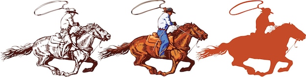 vector image of a cowboy in a hat on a horse with a lasso and a foal in the style of art graphics