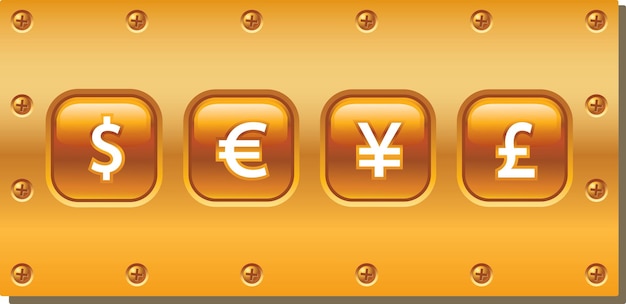 Vector image of different currency symbols on gold signboard