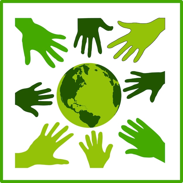 Vector Image Of An Eco Green Solidarity Icon With A Globe With Eight Hands Around It Drawing