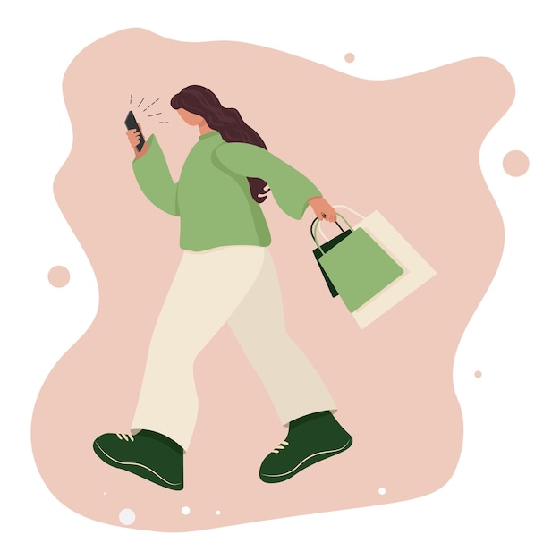 Vector image of a happy girl walking with packages and sharing the joy of shopping