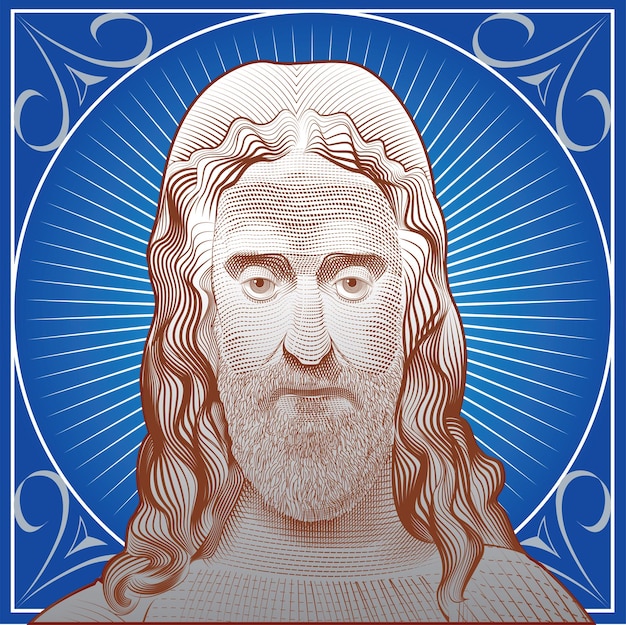 vector image of jesus christ in the style of classical graphics postcard engraving icon