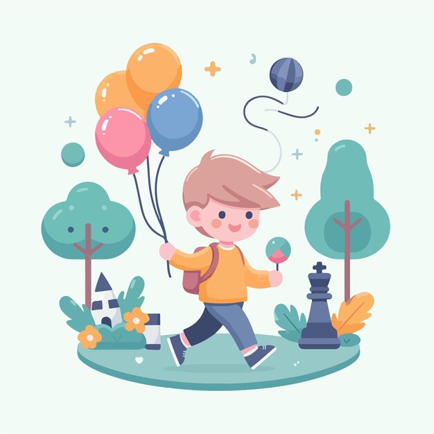 Vector vector image of little boy carrying balloon