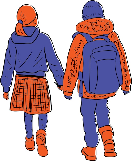 Vector image of little girl and boy walking outdoors together