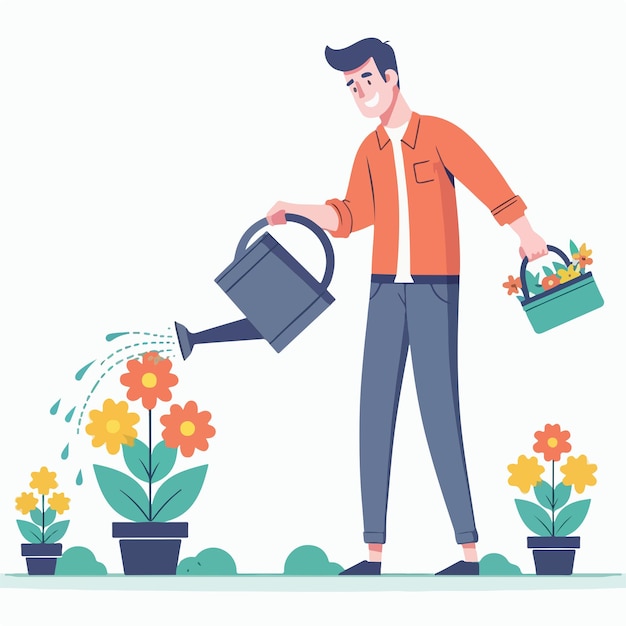 Vector vector image of man watering flowers