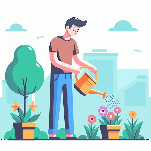 Vector vector image of man watering flowers