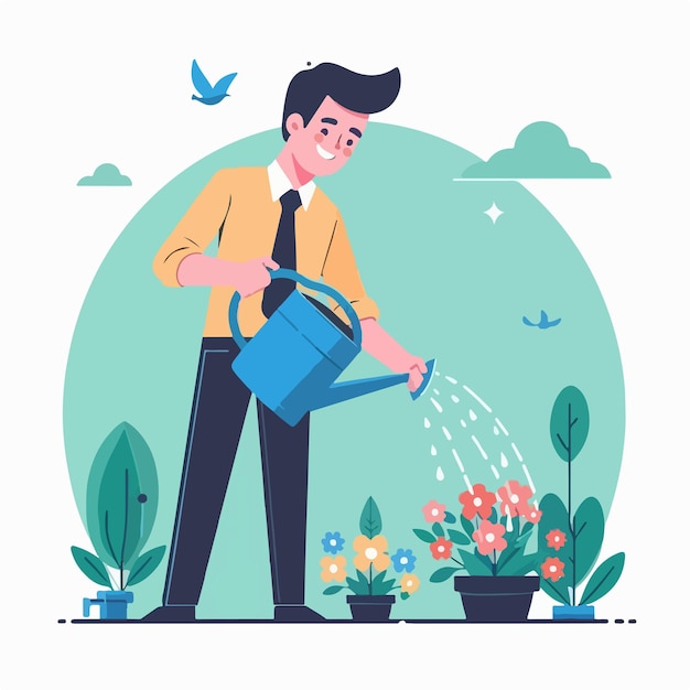 Vector vector image of man watering flowers