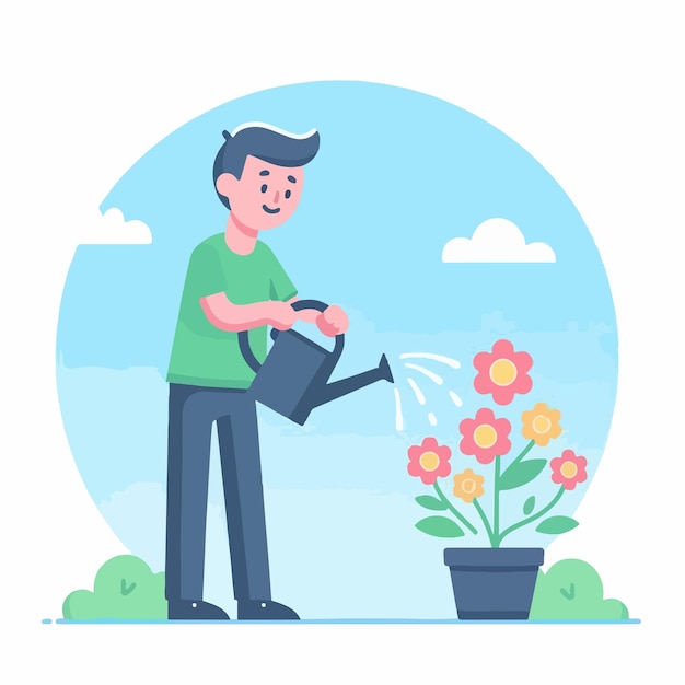 Vector vector image of man watering flowers