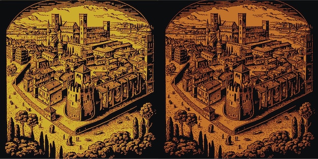 vector image of a medieval city with a fortress book printing graphic